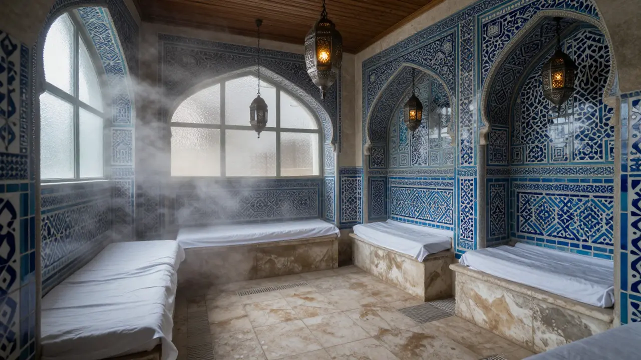 Tiled Hammam steam room with arches and soft lighting