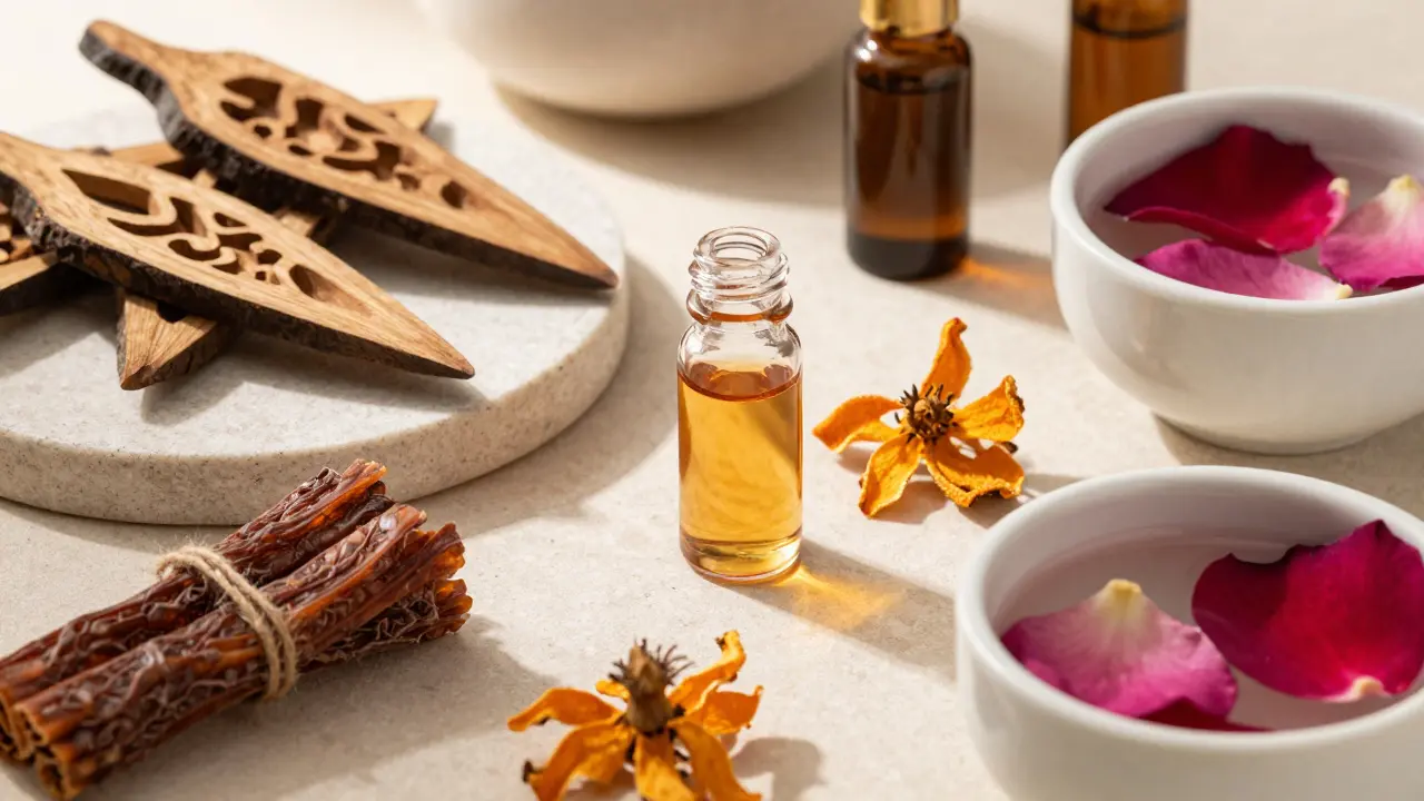 Traditional Arabian wellness oils and herbs arranged artfully