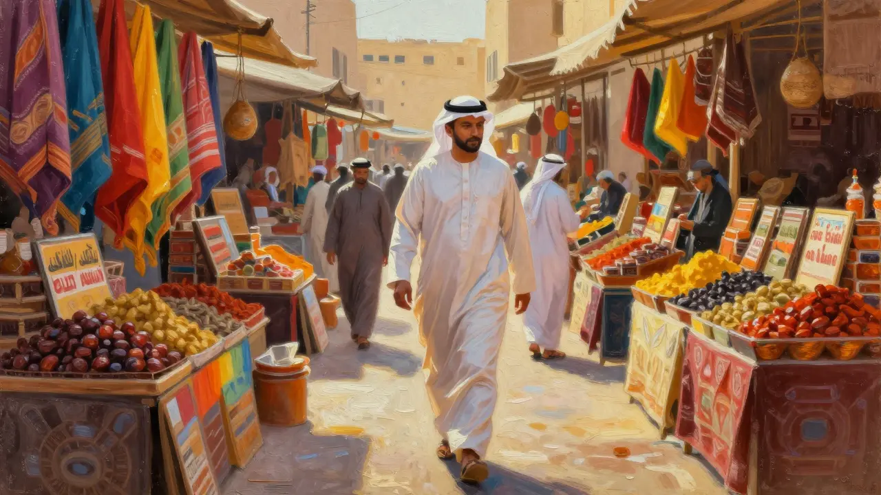 Traveler walking through a vibrant safe marketplace in Dubai.