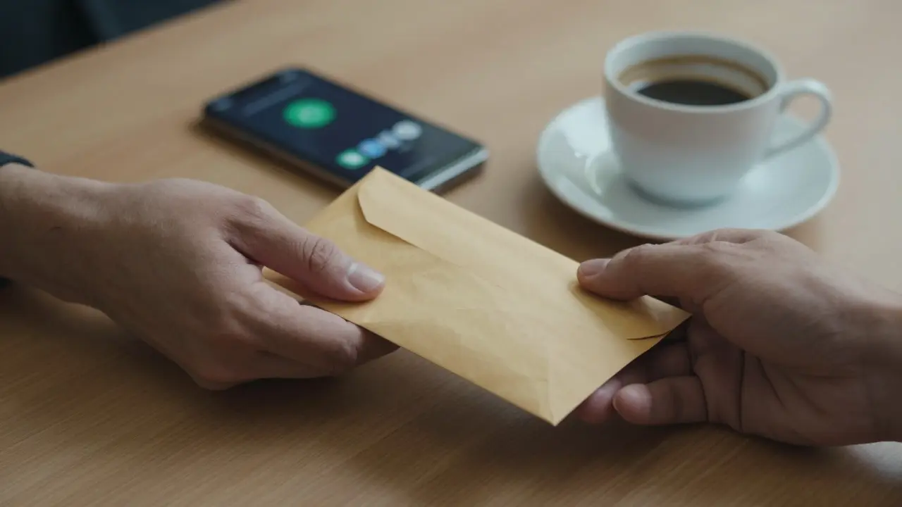 Two hands exchanging cash on a wooden table, with a glowing phone and cup of kahwa nearby, conveying discretion and mutual respect.
