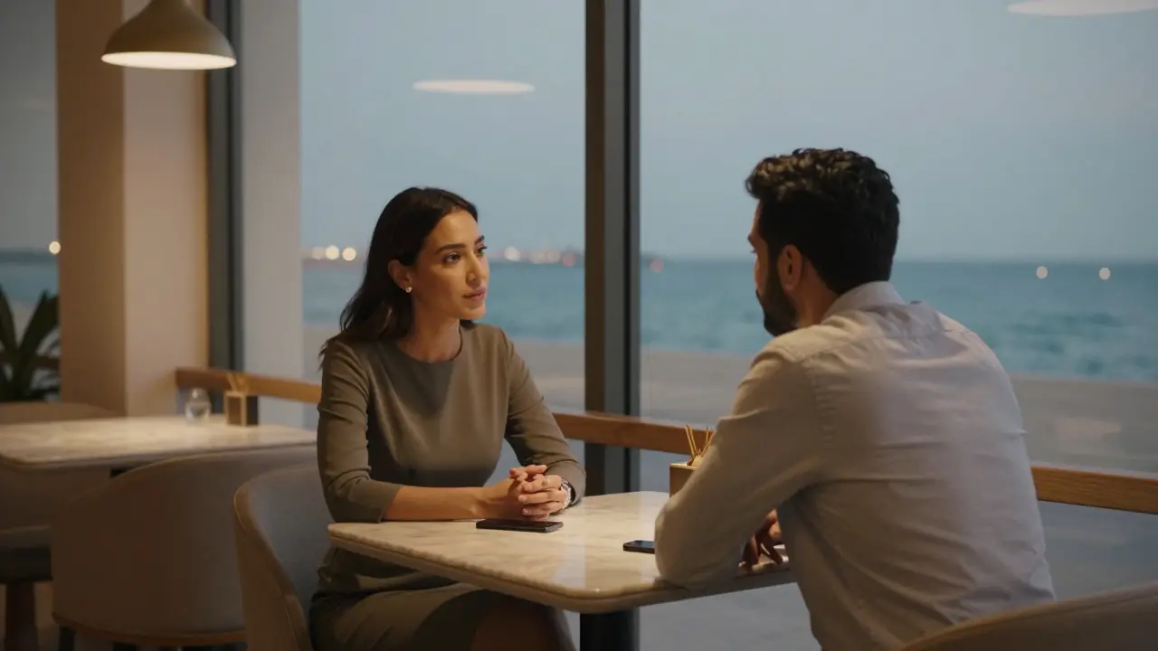 Two individuals sharing a calm moment at a Jumeirah café, focused on conversation without physical intimacy.