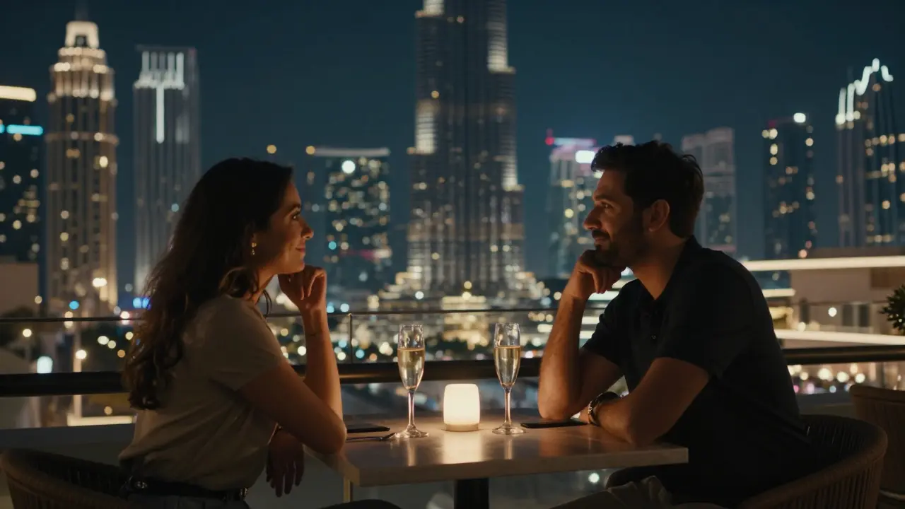Two people enjoying the Dubai skyline from a rooftop bar, sharing a moment of quiet connection.
