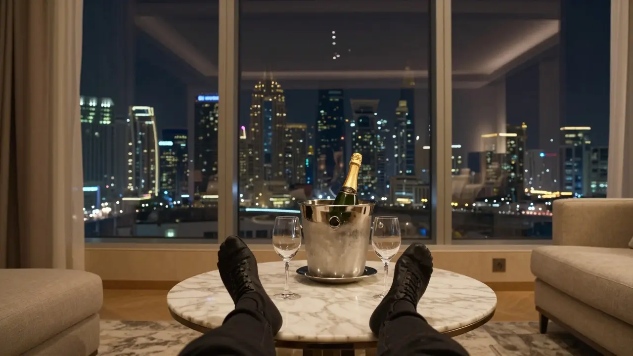 A luxury hotel suite interior with champagne overlooking the Dubai night skyline.