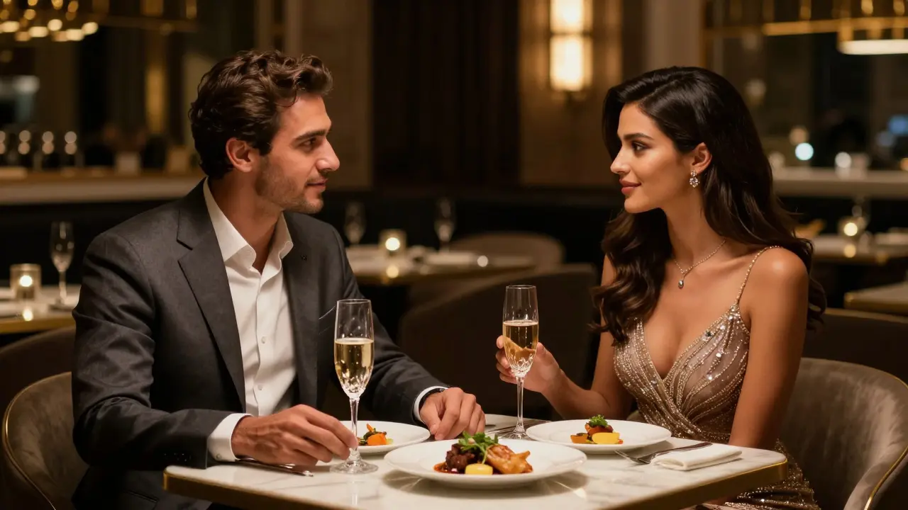 A sophisticated couple dining at a luxury restaurant in Dubai.