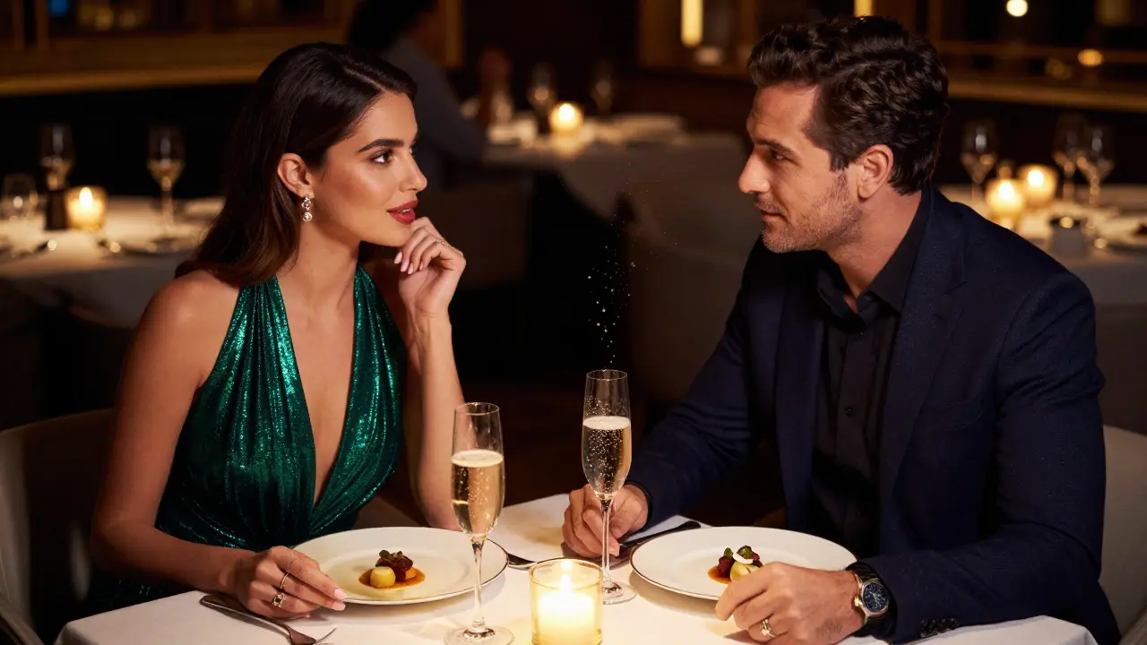 Elegant couple in evening wear having a gourmet dinner in Downtown Dubai