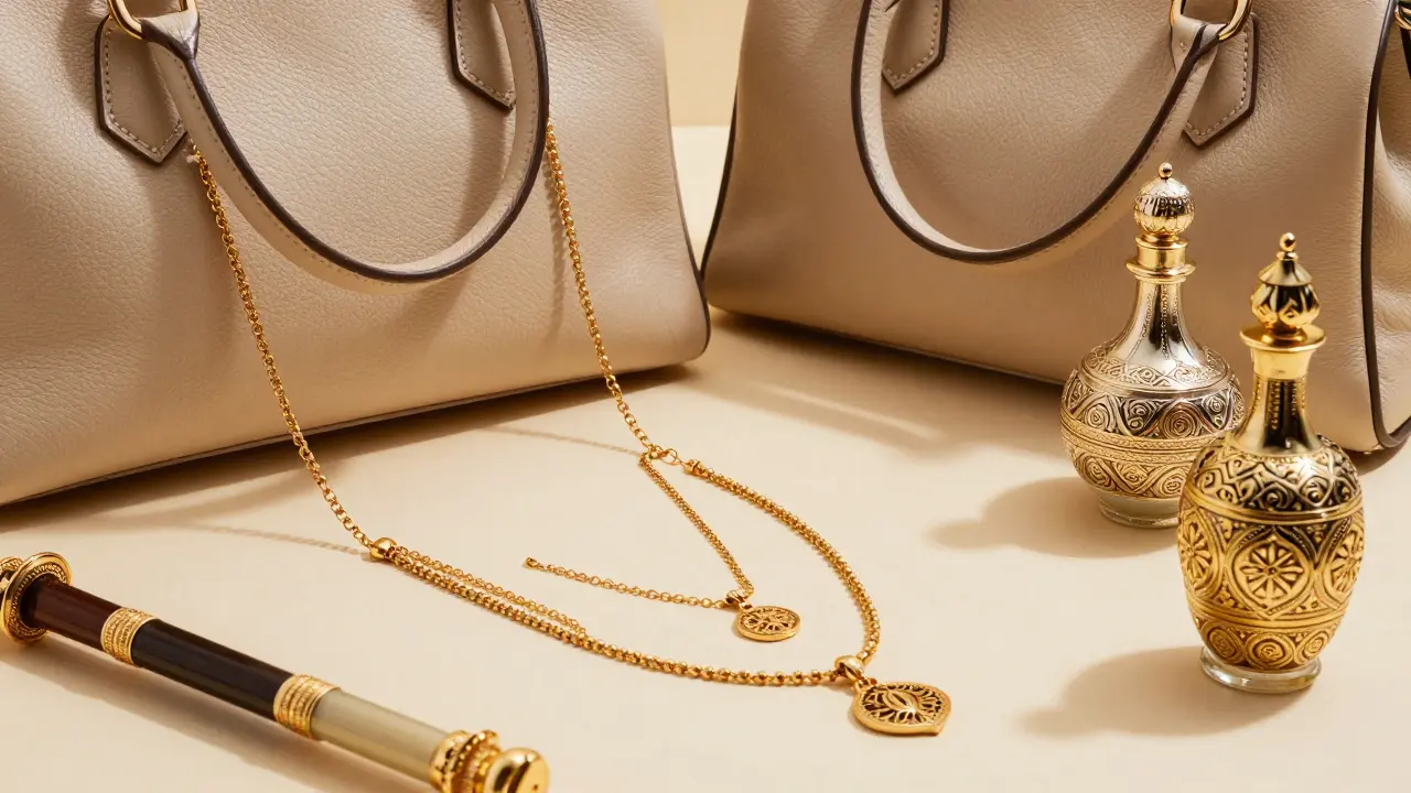 Gold jewelry and accessories arranged for luxury lifestyle photography