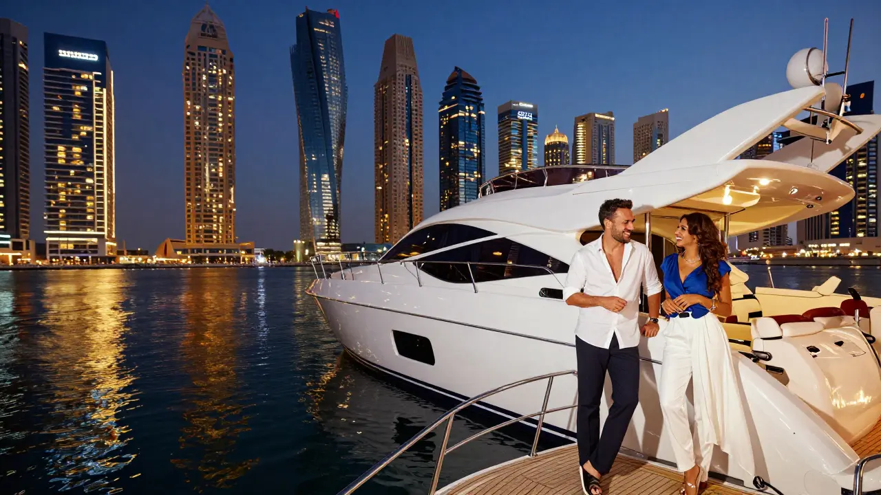 Sophisticated couple on a luxury yacht in the glowing Dubai Marina