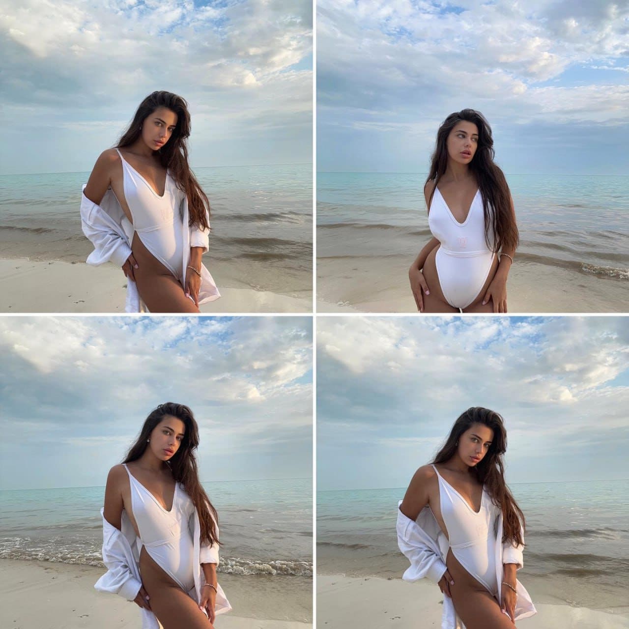 A four-panel collage shows a woman with long dark hair on a sandy beach in a white one-piece swimsuit with a deep V-neckline, sometimes with a white shirt draped over her shoulders.