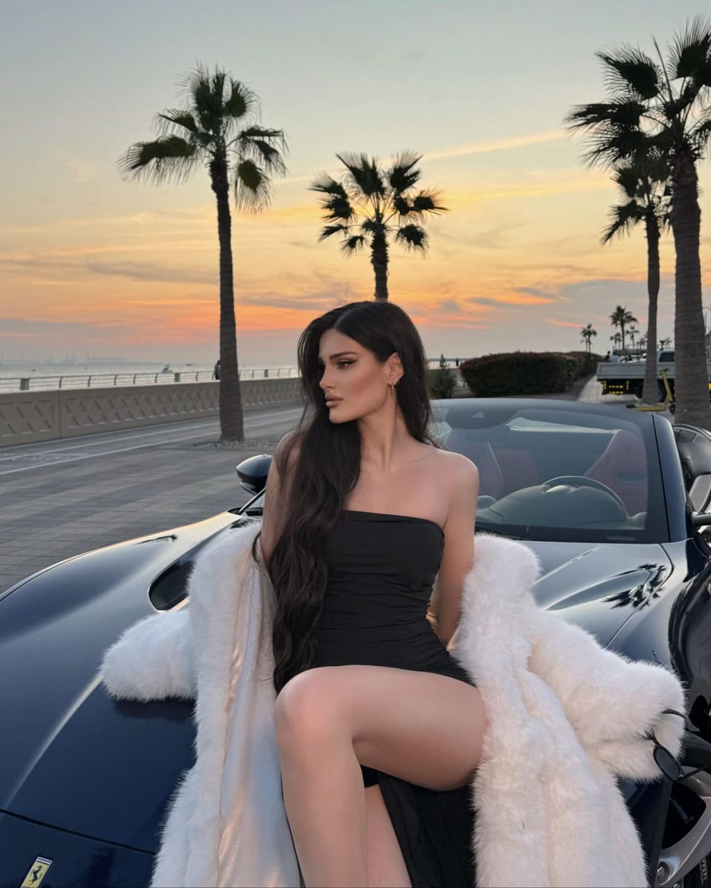 A woman sits on a black convertible hood in a short black strapless dress and white fur coat, framed by palm trees and a sunset sky.